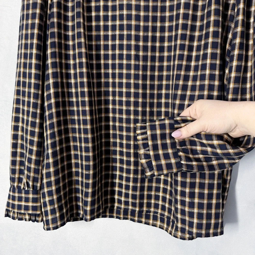 LOFT Long Sleeve Plaid Navy Blue Gold Metallic Blouse Women's Size Large